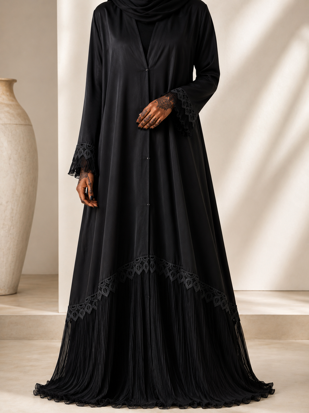 Noir Cascade Shoulder Abaya